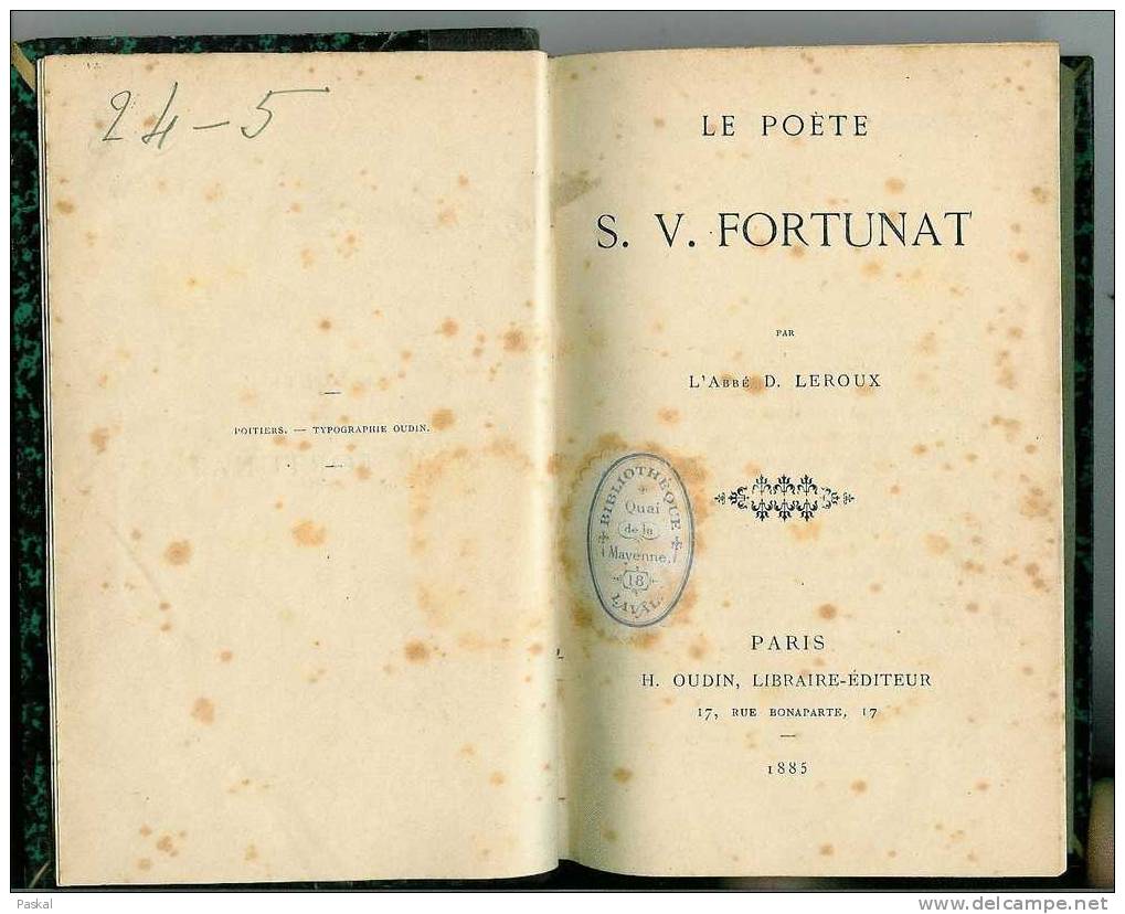 LE POETE S.V. FORTUNAT Par L´Abbé D. LEROUX - 1885 - 1801-1900
