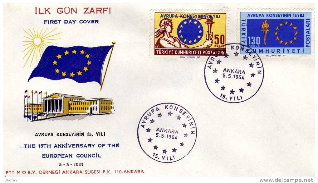 Mitläufer CEPT 1964 Türkei 1901/2+ FDC 4€ Europa-Sterne 15 Jahre Europa-Rat TK Flaggen Flags First Cover Of Türkiye - Briefe U. Dokumente