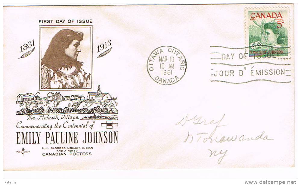 F.D.C .OTTAWA ONTARIO 1961, (Canada), E. Pauline  Johnson, India Mohawk, - 1961-1970