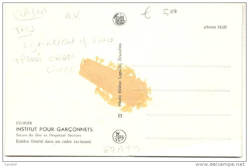 DILBEEK- INSTITUT POUR GARCONNETS-LIJMRESTEN OP VERSO + PLOOI LINKS ONDER- ZIE 2 SCANS - Dilbeek