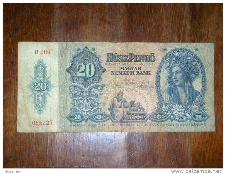 Hungary,Banknote,Paper Money,Bill,Geld,Husz Pengo,20 Pengo,Slightly Damaged - Ungheria