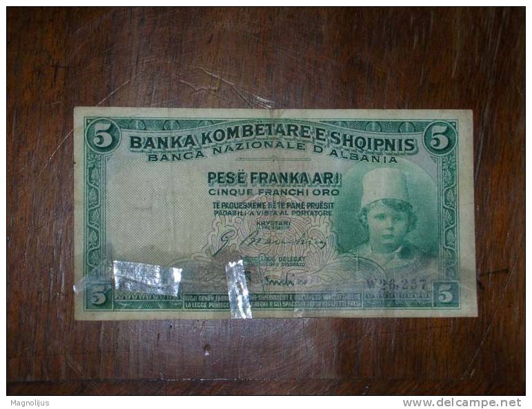 Albania,Banknote,Paper Money,Bill,Geld,Pese Franka Ari,5 Francs,Vintage,Damaged - Albanien