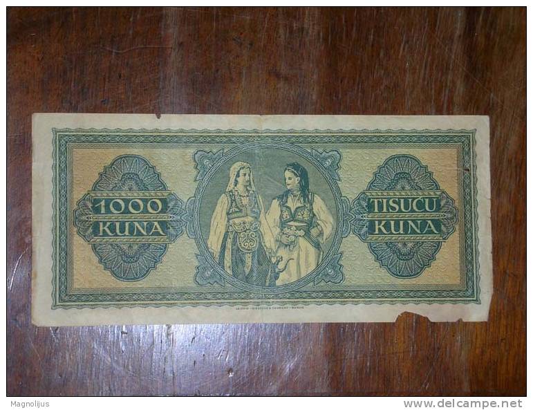 Croatia,NDH,WWII,Banknote ,Paper Money,Geld,1000 Kuna,1943,damaged - Croazia