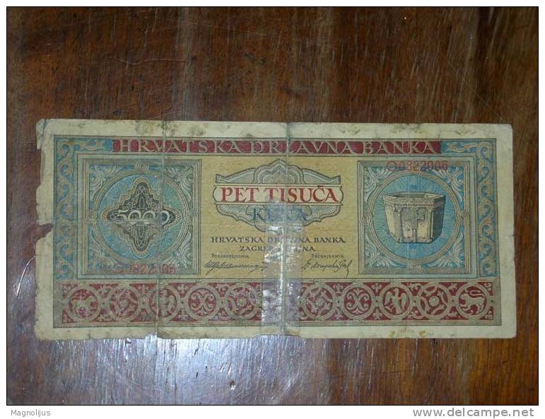 Croatia,NDH,WWII,Banknote,Paper Money,Geld,5000 Kuna,1943,damaged - Croatia