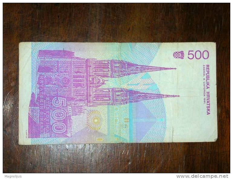 Croatia,Banknote,Paper Money,Geld,1991,Civil War,500 Croatian Dinar,damaged - Croatie