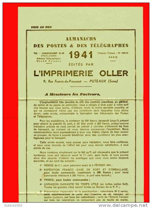 IMPRIME DE COMMANDE ALMANACH POUR 1941 POSTES ET TELEGRAPHES FACTEUR IMPRIMERIE OLLER RUE FRANCIS DE PRESSENSE PUTEAUX - Documenti Della Posta