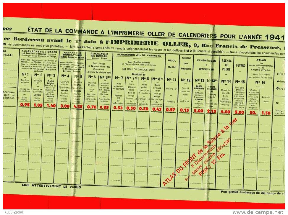 IMPRIME DE COMMANDE ALMANACH POUR 1941 POSTES ET TELEGRAPHES FACTEUR IMPRIMERIE OLLER RUE FRANCIS DE PRESSENSE PUTEAUX - Documents Of Postal Services