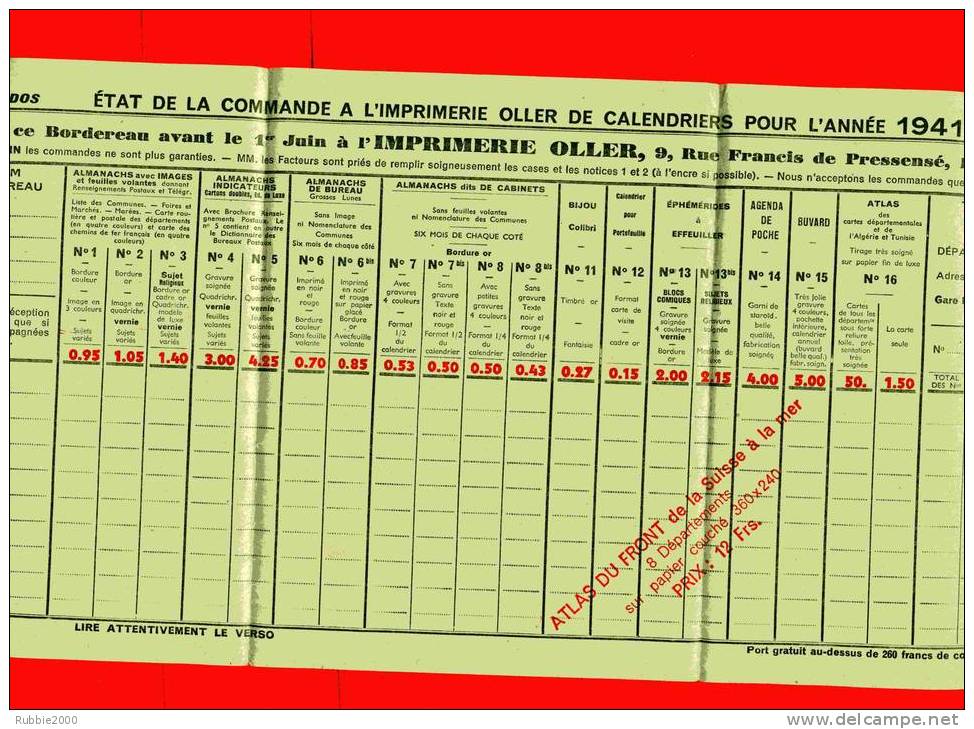 IMPRIME DE COMMANDE ALMANACH POUR 1941 POSTES ET TELEGRAPHES FACTEUR IMPRIMERIE OLLER RUE FRANCIS DE PRESSENSE PUTEAUX - Documenti Della Posta