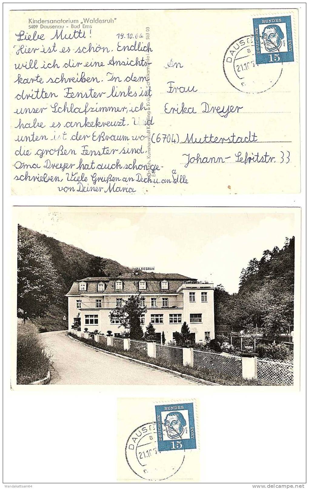 AK 56303 Kindersanatorium Waldesruh 5409 Dasenau - Bad Ems 21.10.64 DASENAU Nach 6704 Mutterstadt - Bad Ems