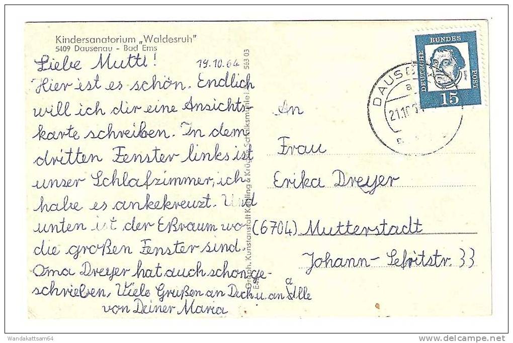 AK 56303 Kindersanatorium Waldesruh 5409 Dasenau - Bad Ems 21.10.64 DASENAU Nach 6704 Mutterstadt - Bad Ems