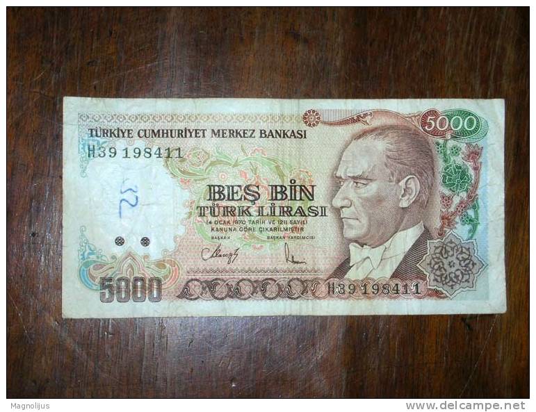 Turkey,Banknote,Paper Money,Bill,Geld,5.000 Lirasi,1970 - Turquia