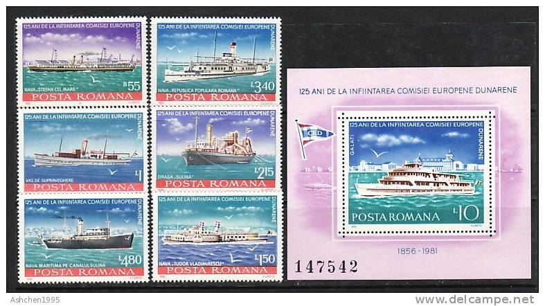 Romania Rumanien 1981, Mi 3769-3774 Bl. 176, European Danube Commission, Ships --- MNH ** - Ongebruikt