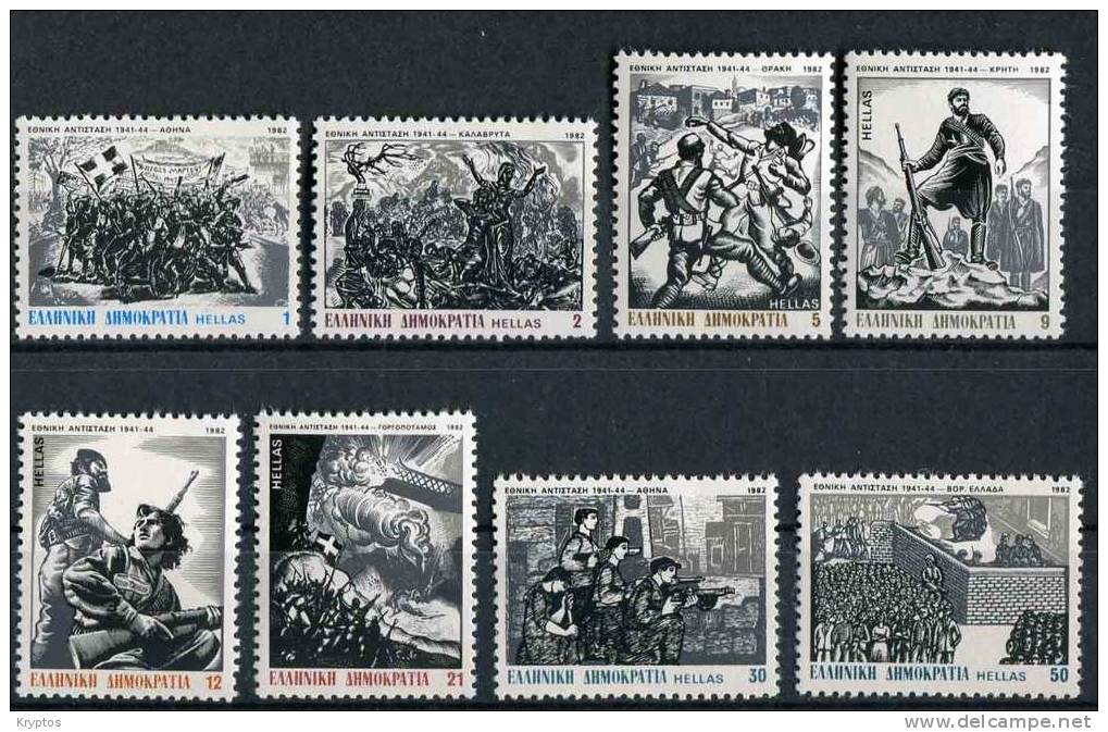 Greece 1982 - National Resistance 1941-44 (complete Set Of 8) - Unused Stamps