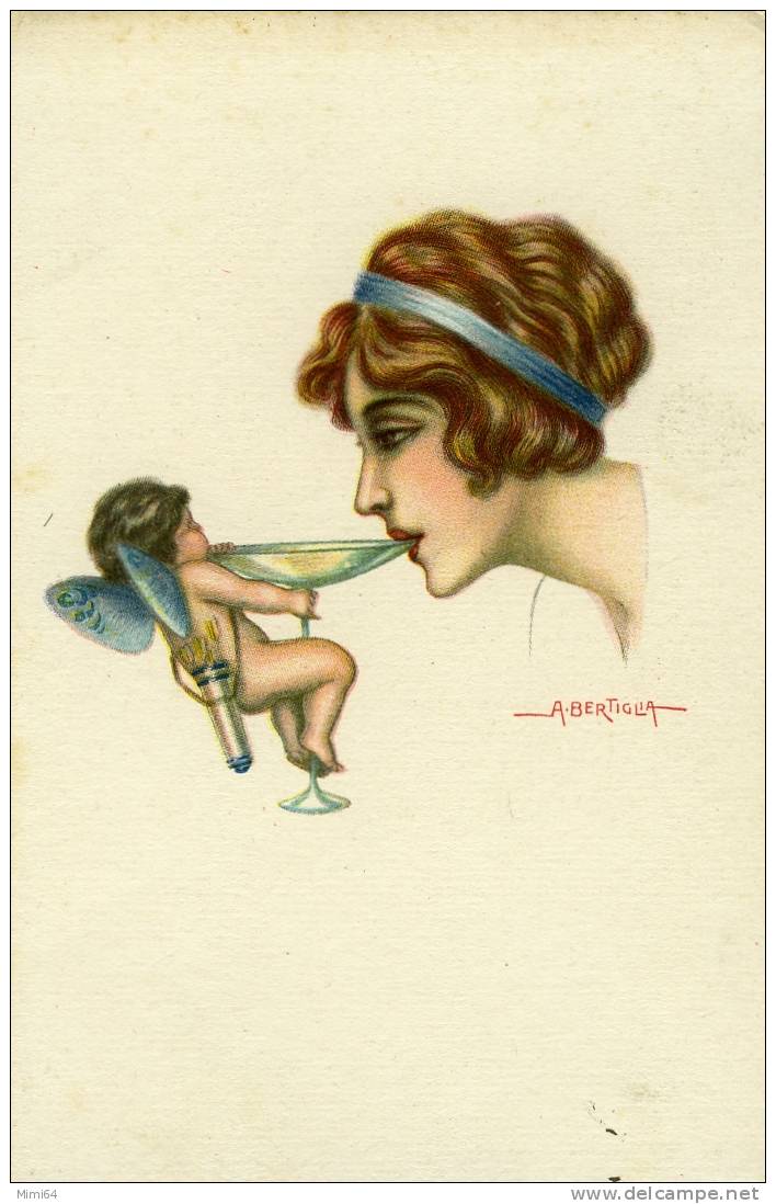 ILLUSTRATEURS . AMOUR CHARME  . BERTIGLIA  . AURELIO ( TURIN )  UN ANGE QUI SERS UNE COUPE DE CHAMPAGNE . - Bertiglia, A.