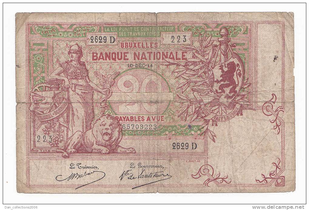 *BELGIQUE*BILLET DE 20 FRANCS * 10 -DEC- 1914 TYPE *1894*CIRCULE *VERMILLON* - 5-10-20-25 Franchi