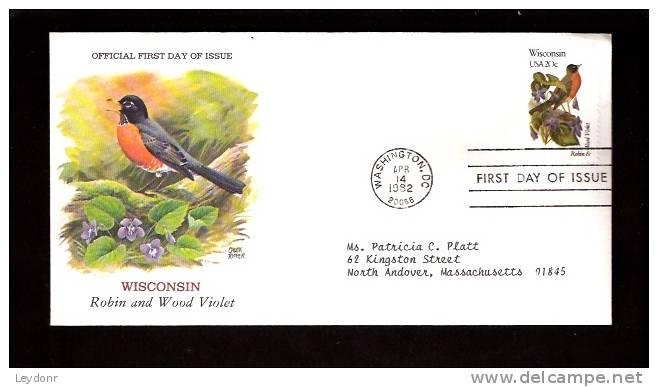 FDC Robin And Wood Violet - Wisconsin  - Scott # 2001 - 1981-1990