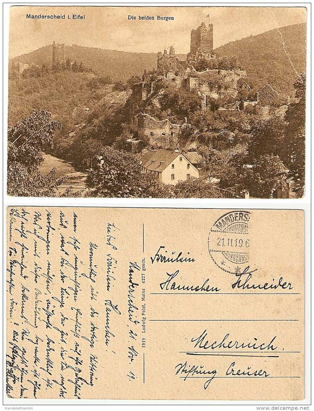 AK 4227 Manderscheid I. Eifel Die Beiden Burgen 21.11.19. 6 MANDERS Nach Mechernich Briefmarke Entfernt - Manderscheid