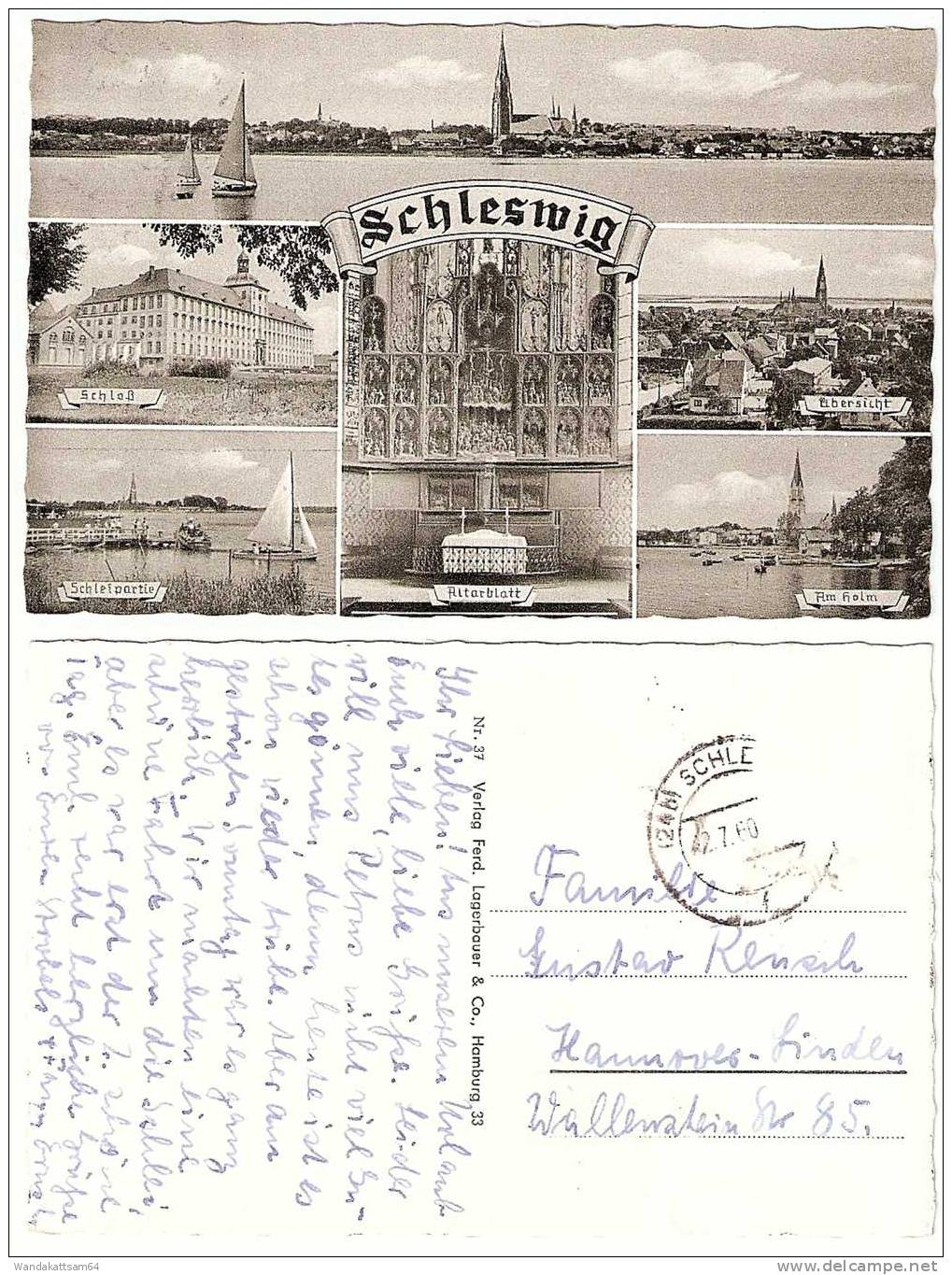 AK Nr. 37 Schleswig MBK 6 Bilder Schloß Schleipartie Am Holm 2.7.60 (24b) SCHLE Nach Hannover-Linden Briefmarke Entfernt - Schleswig