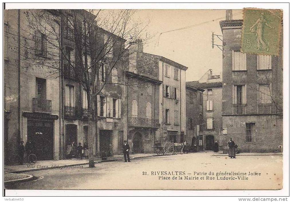 66..RIVESALTES..PATRIE DU GENERALISSIME JOFFRE..PLACE MAIRIE ET RUE LUDOVIC VILLE..Melle CLARA..EDIT..2 SCANS..1921 - Rivesaltes