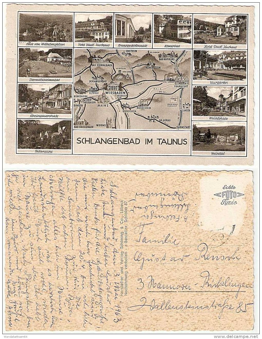 AK 87 Z SCHLANGENBAD IM TAUNUS MBK 13 B. 3.5.1963 Kartenschreibdatum Nach Hannover-Ricklingen Briefmarke Entfernt - Schlangenbad