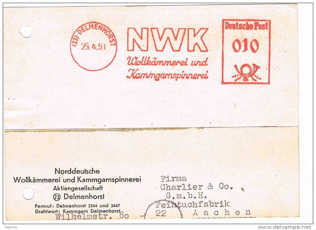 Tarjeta  DELMENHORST 1951 ( Alemania) , Franqueo Mecanico.NWK - Brieven En Documenten