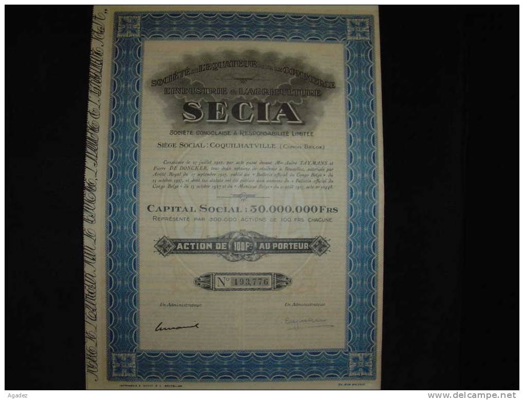 Action " Sté De L'Equateur Pour Le Commerce,l'industrie Et L'agriculture " Secia Coquilhatville ( Congo Belge)1927. - Afrique