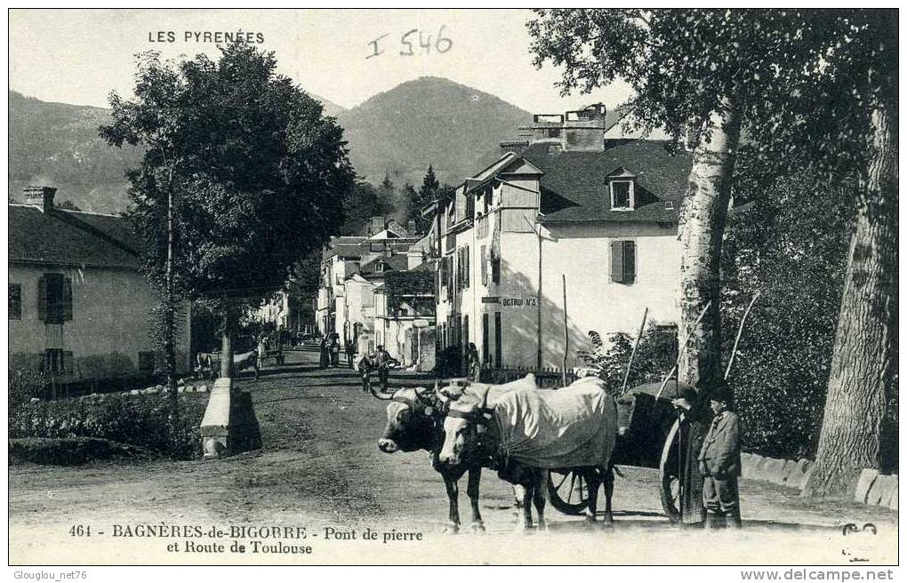 CPA DU 65 BAGNERES De BIGORRE PONT DE PIERRE ET ROUTE DE TOULOUSE AVEC ATTELAGE GROS PLAN  ANIMEE VOIR SCANER - Bagneres De Bigorre