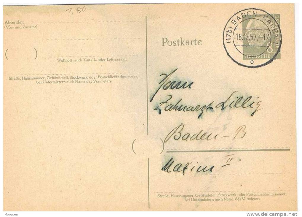 2687. Entero Postal BADEN-BADEN (Alemania Federal) 1957 - Lettres & Documents