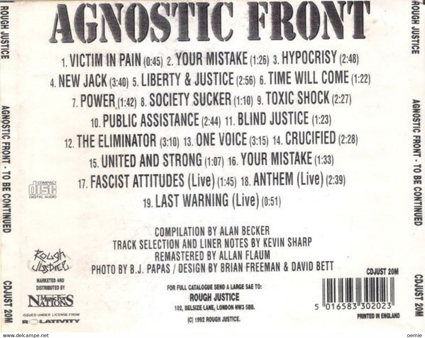 AGNOSTIC FRONT ° THE BEST OF  TO BE CONTINUED    CD ALBUM  1992 - Rock