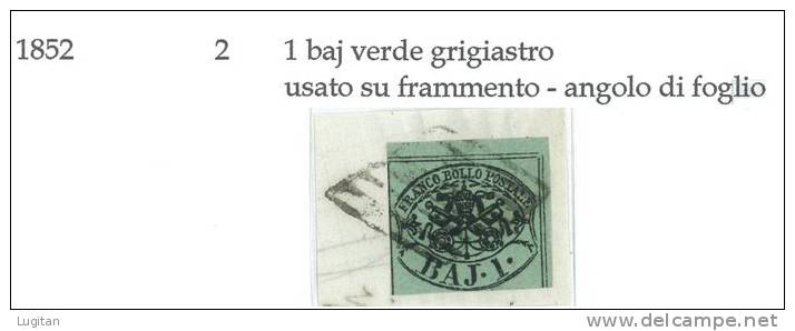 ANTICHI STATI -  Stato Pontificio - N°  2 Del 1 Baj Verde Grigiastro - Frammento - Annullo A Griglia - Angolo Di Foglio - Kerkelijke Staten