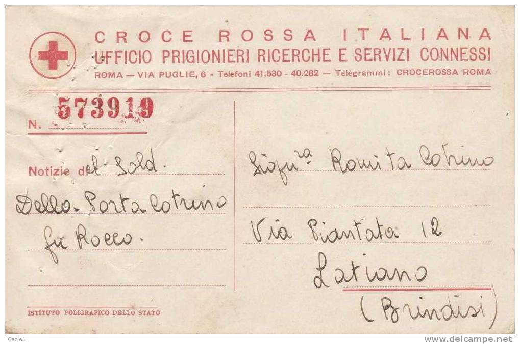 CROCE ROSSA ITALIANA Cartolina Ufficio Prigionieri Seconda Guerra Mondiale - Franchise