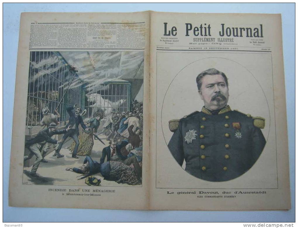 LE PETIT JOURNAL N° 0043 DU 19/09/1891 LE Gal DAVOUT + INCENDIE DANS UNE MENAGERIE A MONTCEAU LES MINES - Le Petit Journal