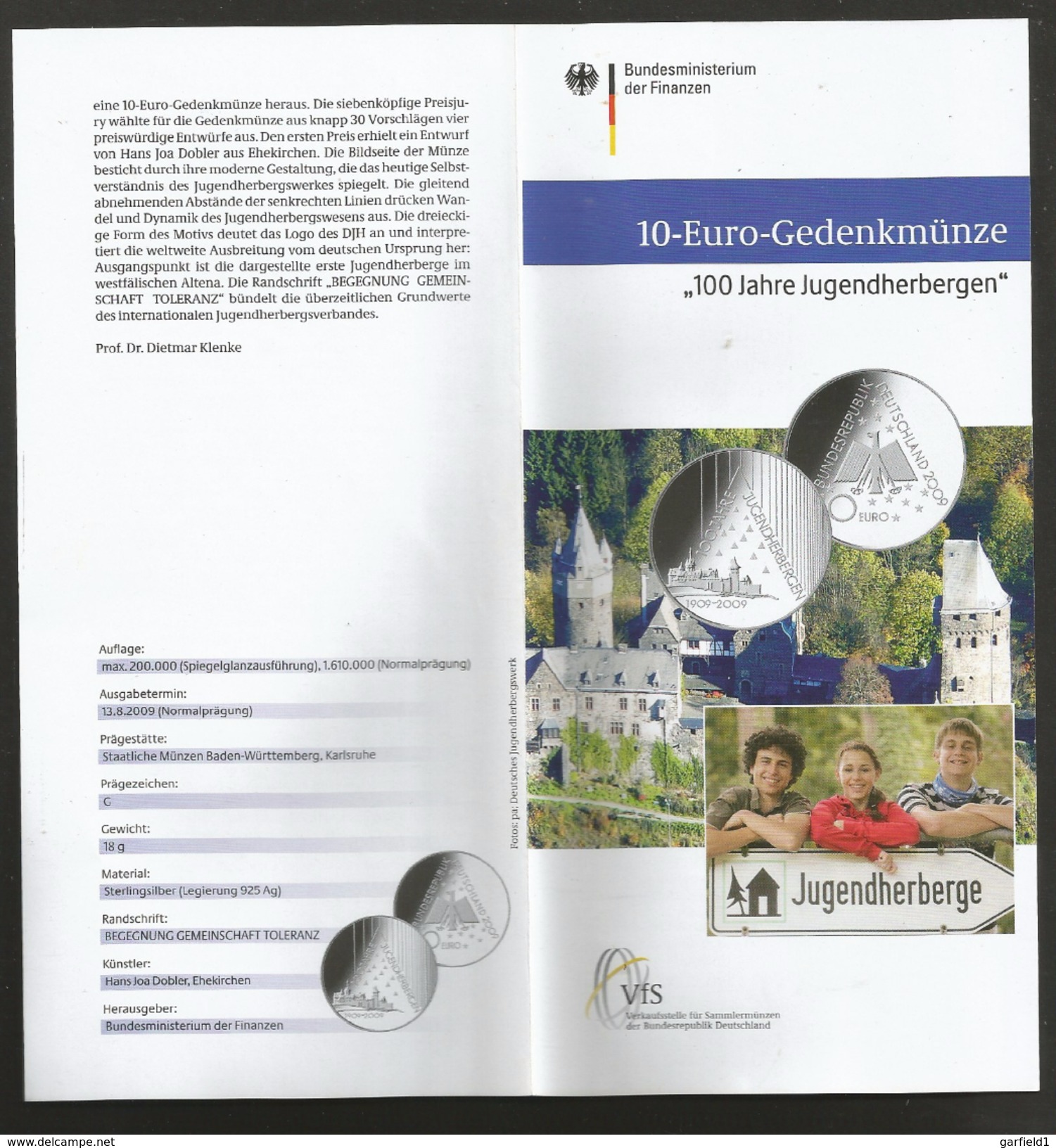 10 Euro Gedenkmünze, 2009 - 100 Jahre Jugendherbergen, Silverproof, Polierte Platte - Alemania