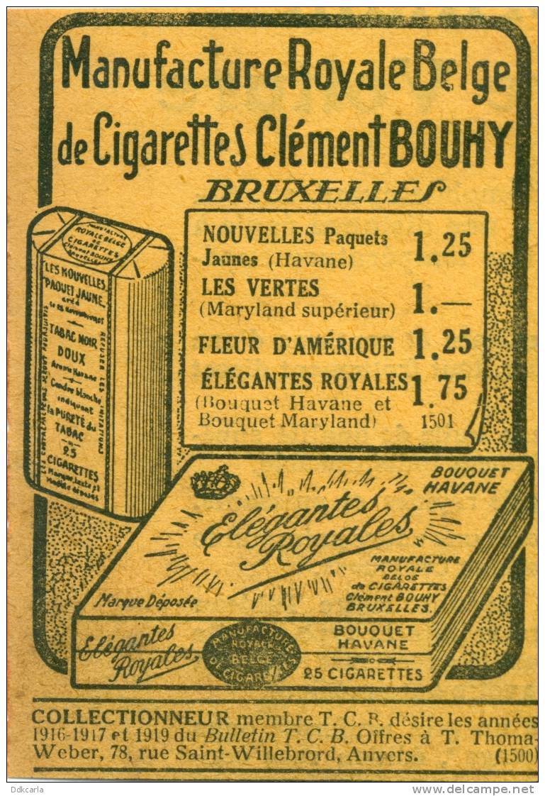 Reclame Uit Oud T.C.B. Magazine 1925 - Bruxelles - Manufacture Royale Belge De Cigarettes Clément BOUHY Sigaretten - Documenti