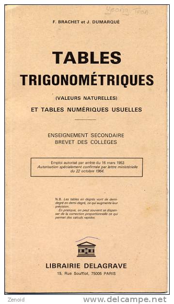 Tables Trigonometriques - Librairie Delagrave - Autres & Non Classés