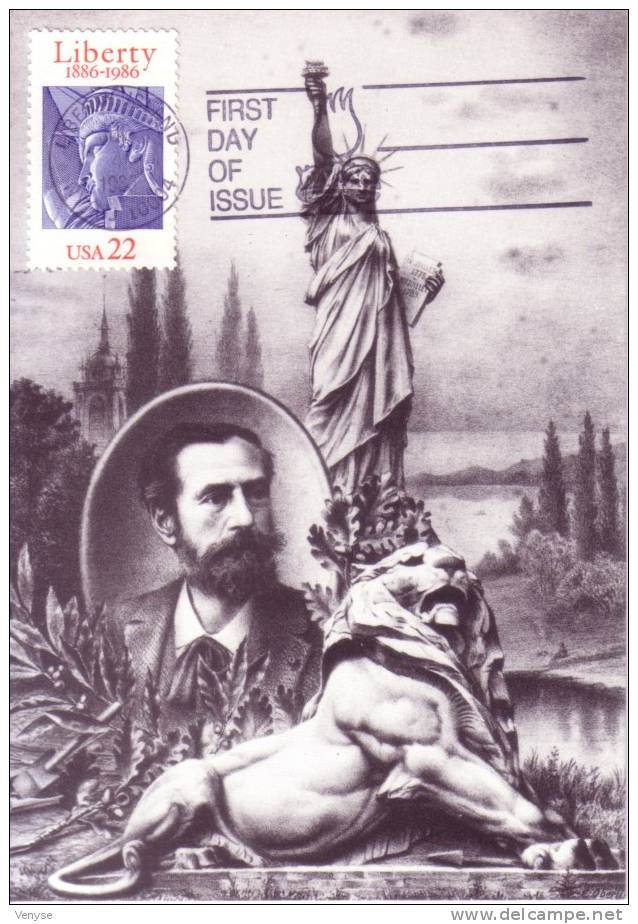Carte Maximum  Statue De La Liberté Et Lion De Belfort Par Bartholdi 1986 - Maximum Cards
