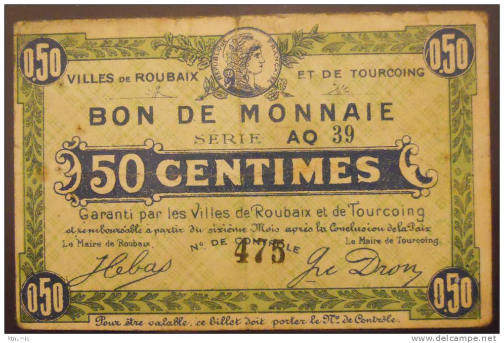 Roubaix Et Tourcoing 59 50 Centimes Pirot 59-2053 TB - Bonos
