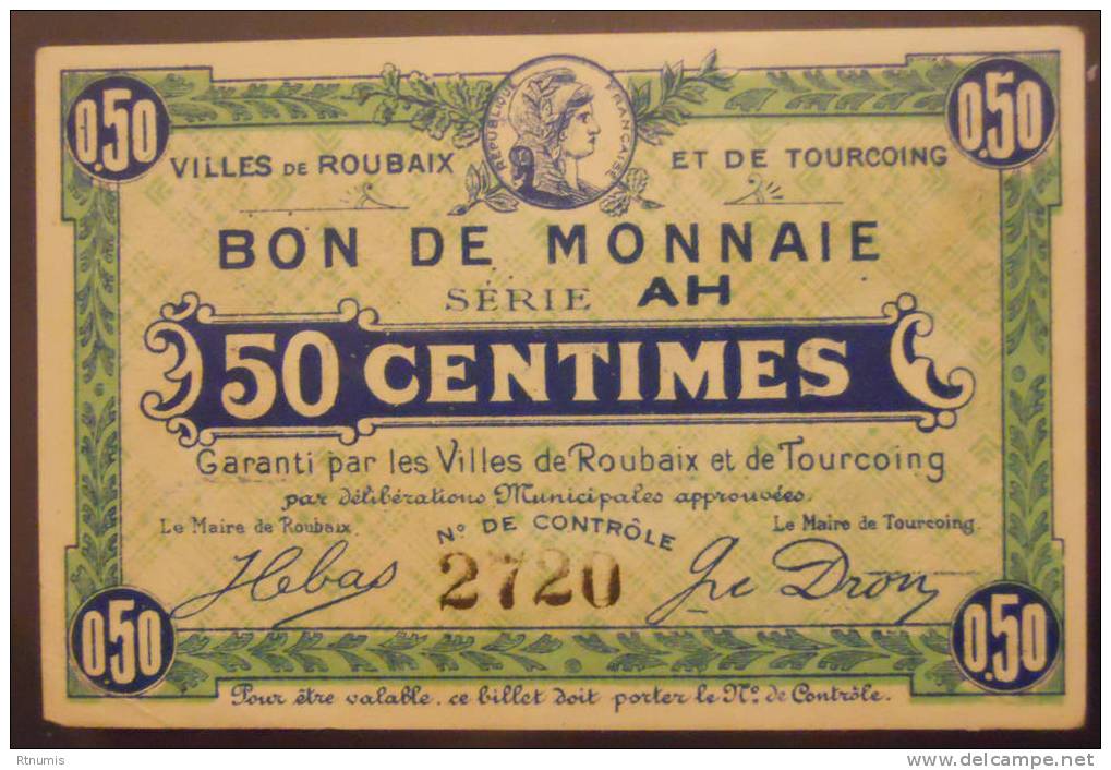 Roubaix Et Tourcoing 59 50 Centimes Pirot 59-2053 TTB - Notgeld