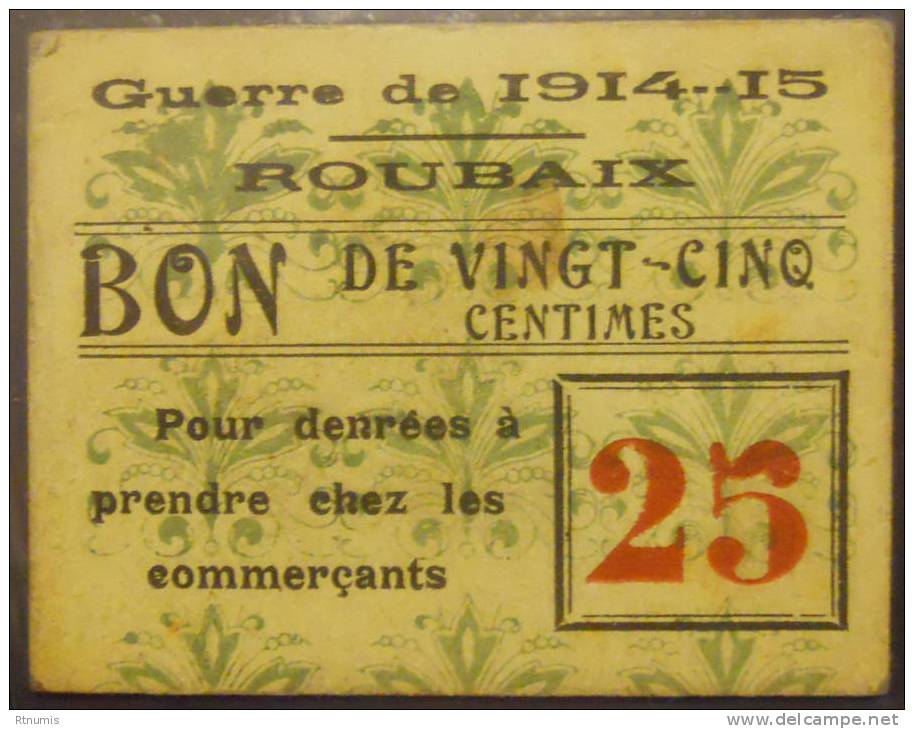 Roubaix 59 25 Centimes Pirot 59-3187 TTB R1 - Bons & Nécessité