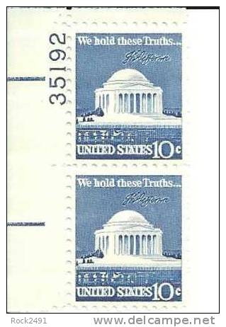 US Scott 1510 - Plate Block Of 2 - 10 Cent Jefferson Memorial - UL 35192 - Mint Never Hinged - Hojas Bloque