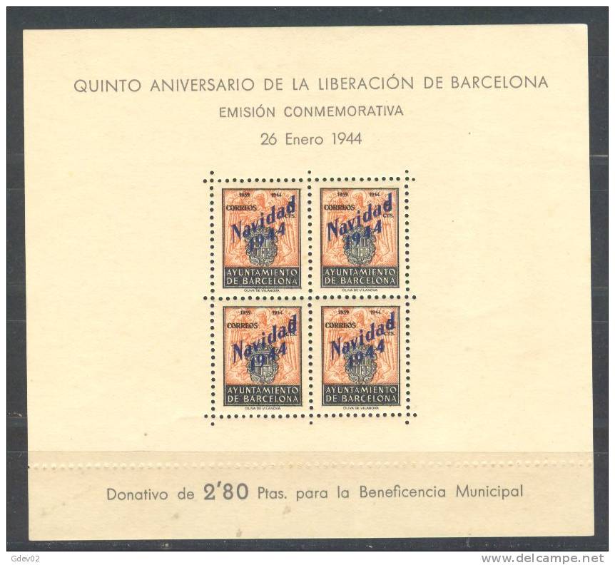 ESBCNNE25-L3638TEUESBH.. Espagne.Espagne.LIBERACIO N DE BARCELONA.Beneficencia.19 44.(Ed NE 25**) S/c .MAGNIFIC - Blocks & Kleinbögen