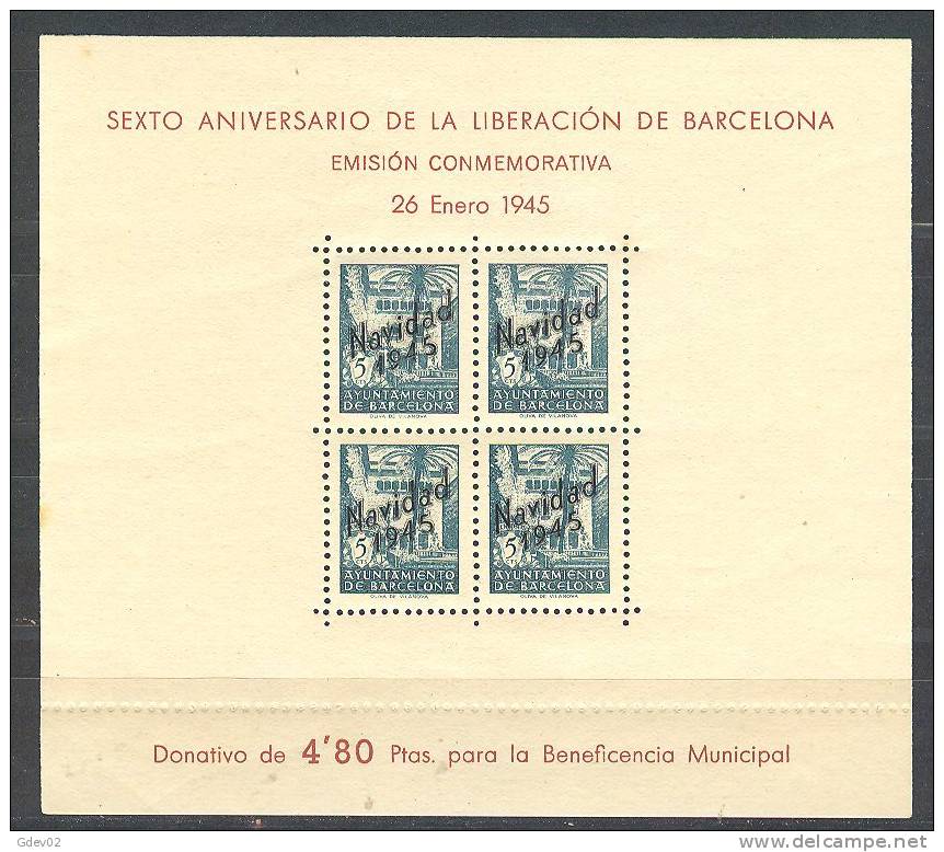 ESBCNNE30-L3641TESBENEF..España. Espagne.Espagne.LIBERACIO N DE BARCELONA.Navidad 45.1945.(Ed NE 30**) S/c .MAGNIFICA - Beneficiencia (Sellos De)