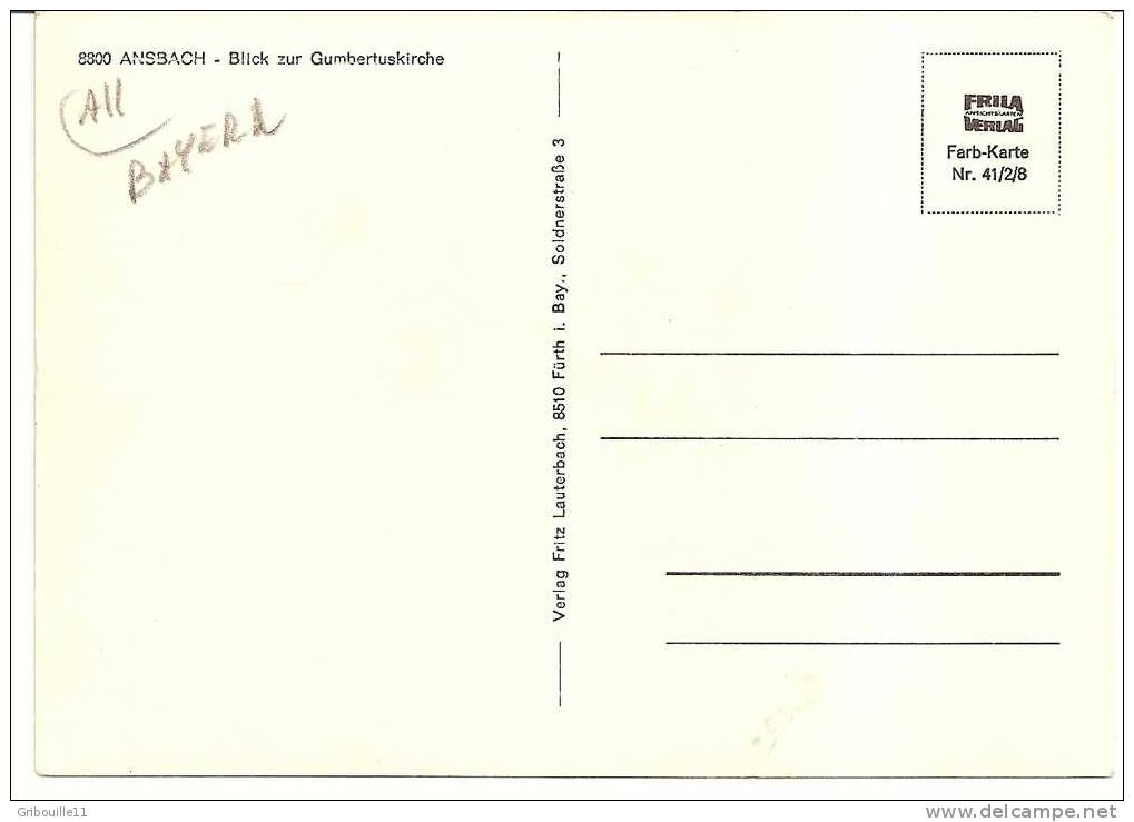 ANSBACH  -  BLICK ZUR  * GUMBERTUSKIRCHE *   -   Verlag : Fritz LAUTERBACH Aus Fürth   N° 41/2/8 - Ansbach