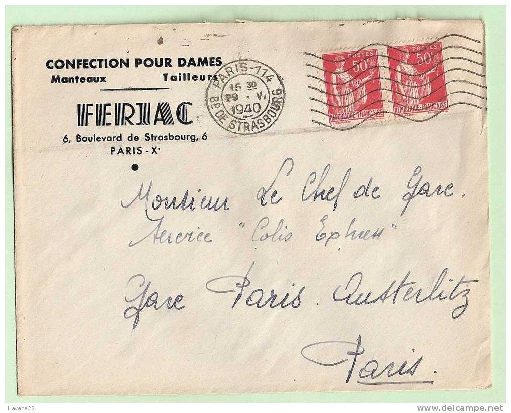 EN46 ENVELOPPE CONFECTION POUR DAMES FERJAC PARIS CHEF DE   GARE AUSTERLITZ  1940 - Lettres & Documents