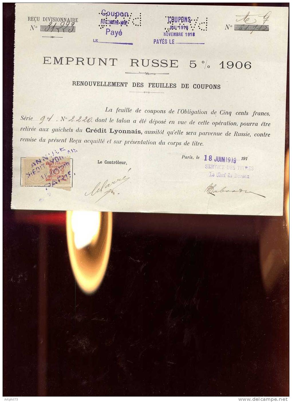 38641 - Emprunt Russe 5 % 1906 Renouvellement - Feuille De Coupons Juin 1919 TB - Sonstige & Ohne Zuordnung