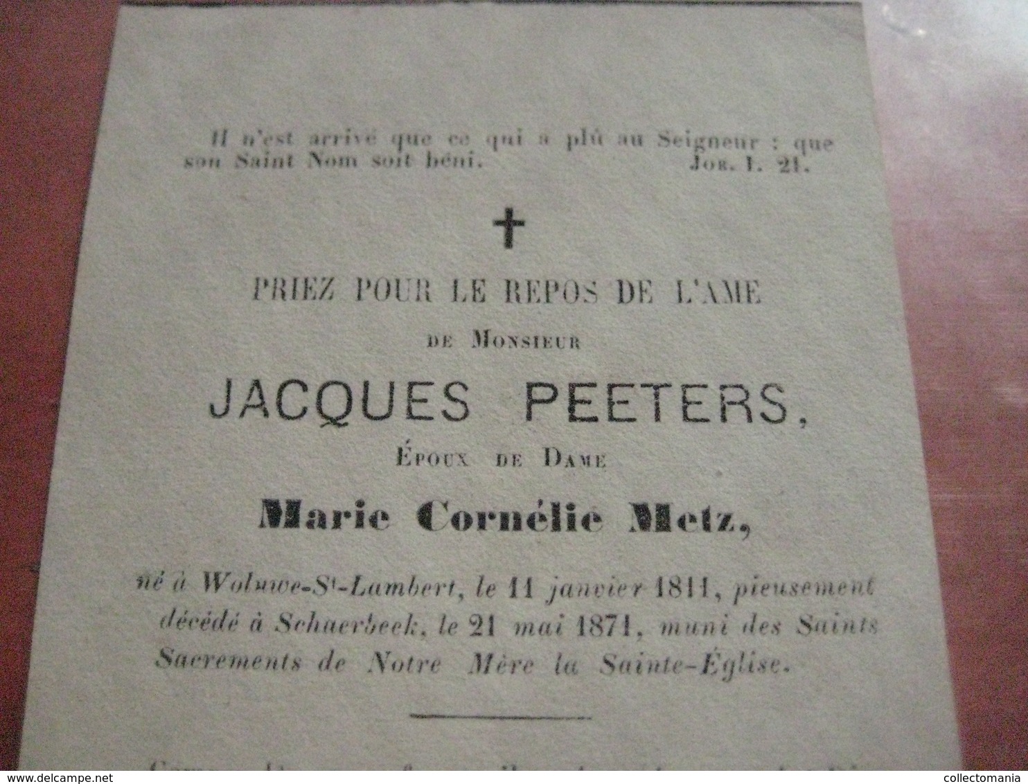 PEETERS Jacques epoux de Dame METZ Marie Cornélie 1811 Woluwe + Schaerbeek 1871 Jozef met Timmermans attributen schaap