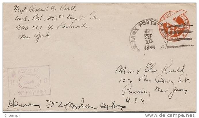 1944 LETTRE Entier Postal  Censure US ARMY  APO 403 Pour  Etats- Unis - Guerre De 1939-45