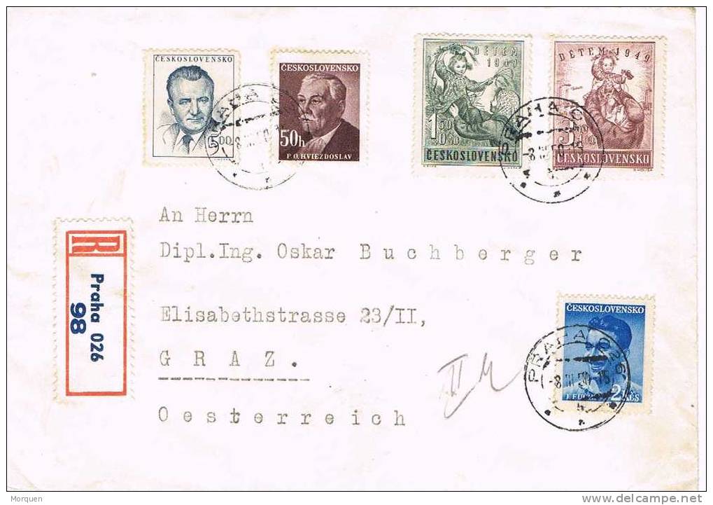 Carta Certificada PRAHA 1950. A Austria. ECHANI KANCELAR - Briefe U. Dokumente