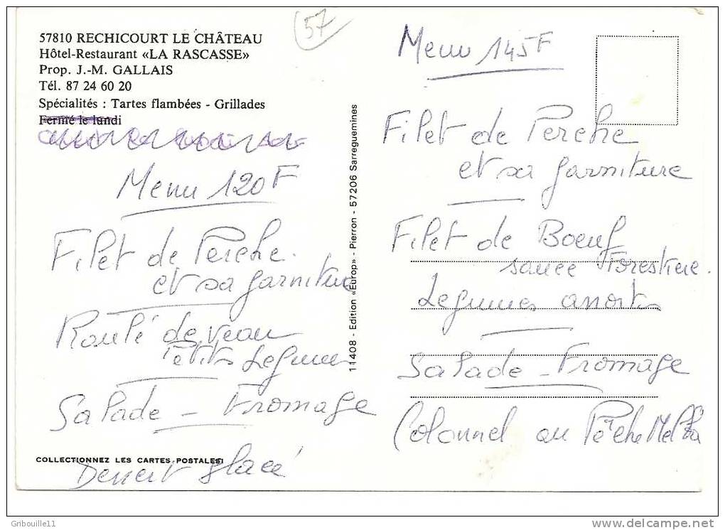 RECHICOURT LE CHATEAU  -  HOTEL RESTAURANT * LA RASCASSE * Prop. J.M. GALLAIS  -  Editeur PIERRON   N° 11408 - Rechicourt Le Chateau