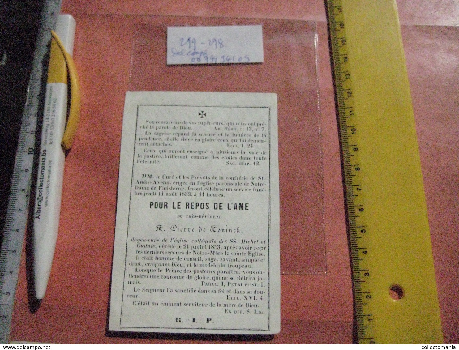porseleinkaart doodsprent tres réverend DE CONINCK Pierre + 1853  - St gudule - confrèrie  de André AVELIN